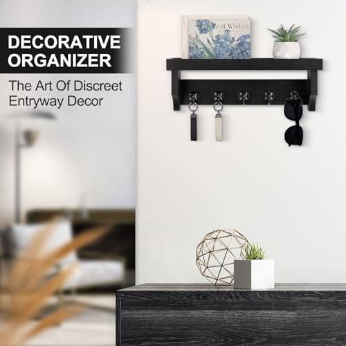 Key and Mail Holder Wall Mount, Key Holder with Shelf and Mail Organizer Wall Mount. Mail Holder with 5 Hooks for Coat, Dog Leash, Home Decor Rack, Entry Way Organizer (Black) - color: Black