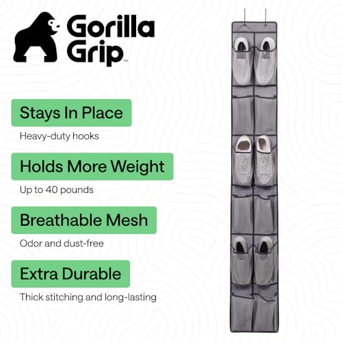 GORILLA GRIP Over the Door Shoe Organizer, 12 Large Breathable Mesh Pockets, Space Saving Hanging Storage Holder, 2 Hook Closet Rack Hanger, Hangs on Closets for Shoes, Accessories, 64H x 9.5W Grey - color: Grey, size: 12 Pockets/2 Hooks