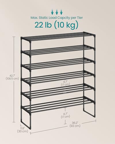 SONGMICS Shoe Rack, 6-Tier Shoe Organizer, Metal Storage Shelf, Upright or Upside Down, for 24-30 Pairs, Stackable, for Entryway, 11.8 x 36.2 x 42.7 Inches, Black ULSA306BH01 - color: Black, size: 6 Tiers (36.2"W)