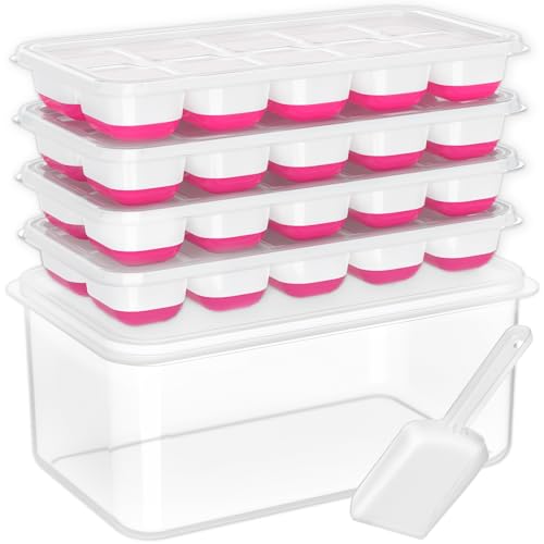 DOQAUS Ice Cube Tray with Lid and Bin - 4 Pack Silicone Ice Cube Trays for Freezer, Stackable Ice Bucket Kits with Storage Container & Scoop for Kitchen, RV, Cocktail, Coffee - color: Light Pink