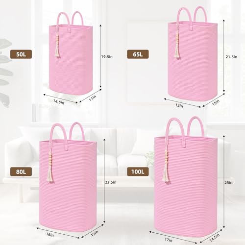Woven Laundry Basket for Clothes, 65L Large Rectangle Laundry Hampers, Nursery Storage Basket for Toys, Tall Dirty Clothes Hamper for Bedroom Aesthetic, Bathroom, Laundry Room - color: Pink, size: 65L