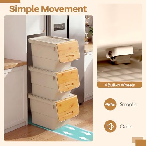Giantex Plastic Stackable Storage Bins with Lids & Wheels, 6 Pack Open Front Stacking Bins, Organizer Bins for Pantry, Kitchen, Laundry, Closet, Playroom, Bedroom Organization (35 QT) - color: White + Natural, size: 6 Pack, 35 QT