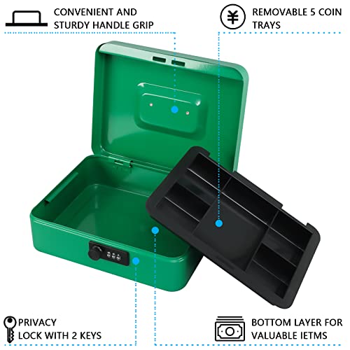 KYODOLED Large Cash Box with Combination Lock,Safe Metal Box for Money, Storage Lock Box with Money Tray,9.84"x 7.87"x 3.54" Green Large - color: Green, size: Large