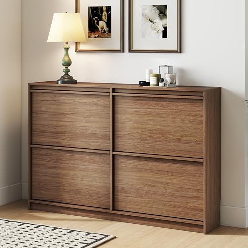 Shoe Cabinet with 4 Flip Drawers, Modern Narrow Shoe Storage Cabinet Organizer with Adjustable Shelf, Hidden Freestanding Shoe Rack for Entryway, Hallway, Living Room, Walnut - color: Walnut, size: 9.45"D x 47.24"W x 31.5"H(4 drawers)