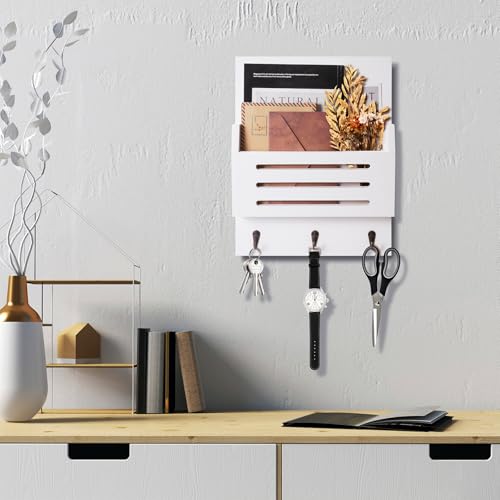 Key and Mail Holder Wall Mount, 2-Slot Wooden Mail Organizer with 3 Key Hooks, Decorative Mail Sorter Wall Mounted, Rustic Key Rack Hanger for Entryway, Farmhouse, Home Decor, White - color: White
