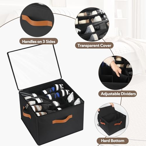 VZZNN 2 Pack Shoe Organizer for Closet, Foldable Shoe Storage Bins with Clear Cover and Adjustable Dividers, Fits up to 16 Pairs, Large Shoe Box Storage Containers with Reinforced Handles (Black) - color: Black