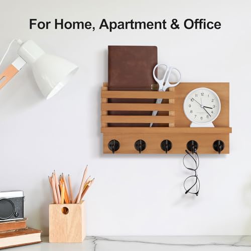 Lwenki Key Holder for Wall – Decorative Wooden Mail Holder and Key Shelf with Mounting Hardware, Installation Guide – Paulownia Wood with Metal Key Hooks (Light Brown, Large - 11.8inch) - color: Light Brown, size: Large - 11.8inch