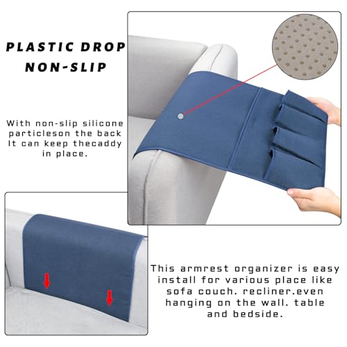 NB Sofa Armrest Organize Remote Holder Bedside Caddy Organizer With 5 Pockets，Non-Slip Couch Remote Control Holder Couch Armchair Caddy Accessories (Blue, 35''X18'') - color: Blue, size: 35''x18''
