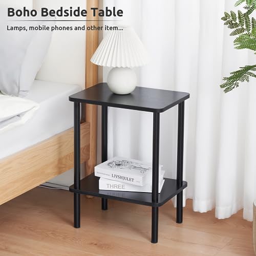 Apicizon 2 Tier End Table Set of 2, Small Side Table with Solid Wood Legs, Boho Bedside Table with Storage Shelf, Nightstand for Small Spaces, Bedroom, Living Room, Entryway, Easy Assembly, Black - color: Black, size: 2 Set, style: 2 Tier