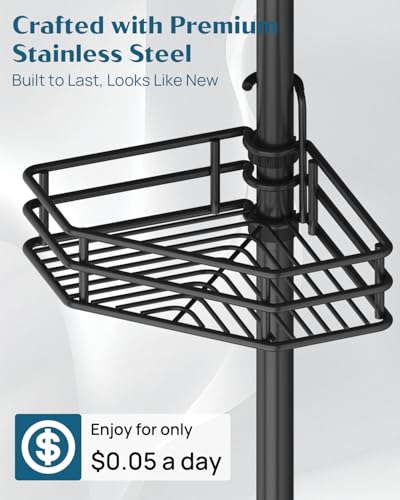 SEIRIONE Corner Shower Caddy Tension Pole, Quick Setup, Rust-Free Bathroom Shower Organizer Corner for Bathtub Shampoo Storage, 4-Tier Adjustable Shelf, Drill Free, Fits 34 to 116 Inch Height, Black - color: Black