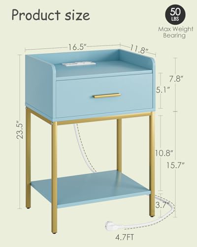 Nightstand with Charging Station,3-Tier Modern Bedside Table Night Stand with Storage Drawer and Open Shelf,Small End Side Table for Bedroom,Living Room,Blue - color: Blue With Charging Station