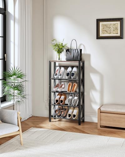 CHOEZON Shoe Rack, 5-Tier Slanted Shoe Rack, Narrow Shoe Storage Shelf, Slim Shoe Organizer for Entryway, Space-Saving, Wooden Top and Metal Frame, for Entryway, Hallway, Greige and Black TXJ03BG - color: Greige, Black