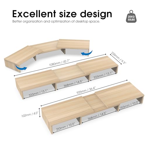 FITUEYES Dual Monitor Stand – 3 Shelf Computer Monitor Riser, Wood Desktop Stand with Adjustable Length and Angle, Desk Accessories, Office Supplies Medium Oak, DT108006WO - color: Oak