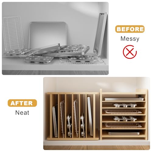 7 Tier Wooden Tray Dividers for Cabinets Cookie Sheet Organizer for Pot, Pans, Baking Tray Organizer for Kitchen Documents Storage(14" W x 16.5" H x 15.2" D) - size: 14" W x 16.5" H x 15.2" D