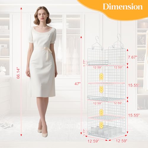 Yuyetuyo ﻿5 Tier Hanging Closet Organizer Separable Hanging Closet Shelves with 4 Hooks 2 Adjustable Dividers, Wire Storage Basket Bins for Clothing Sweaters Socks Dolls Handbags, Foldable - color: White, size: 5-Tier