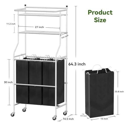 Laundry Sorter with Hanging Clothes Rack, Rolling Laundry Cart with Wheels & Shelf, 42 Gal (160L) 3 Section Basket Organizer, White