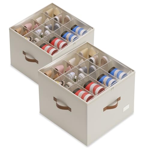 Vincona Shoe Organizer for Closet,2 Pack Shoe Storage Bins Foldable Shoe Storage Box Containers with Clear Cover and Sturdy Handles,Shoe Rack for Closet Storage for Sneakers Heels Slippers (Beige) - color: Beige, size: Large