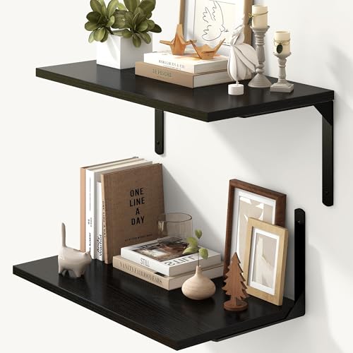 Fun Memories Floating Shelves for Wall, 12 Inch Deep Floating Shelves Set of 2, Wall Mounted Shelf with Metal Brackets, Rustic Wood Wide Shelf for Bathroom, Kitchen and Living Room, Black, 24W x 12D - color: Black- L Bracket, size: 24"W x 12"D