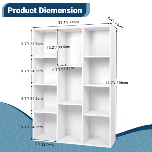 Whitmor 11 Cube Storage Organizer, 4 Tier Stackable Bookcase, Open Storage Display Bookshelf, Storage Cabinet for Living Room, Bedroom, Home, Office, 29.1" L x 9.4" W x 41.7" H, White - color: White, size: 11 Cube Stackable
