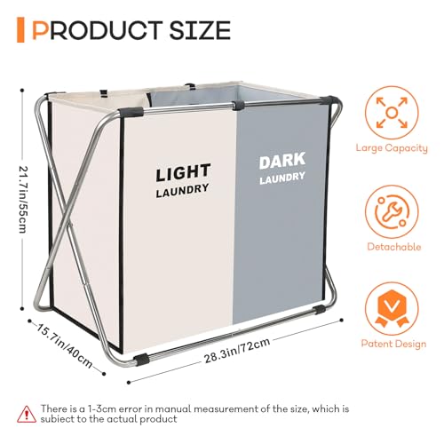 Laundry Cloth Hamper Sorter Basket Bin Foldable 2 Sections with stainless steel Frame Washing Storage Dirty Clothes Bag for Bathroom Bedroom Home Storage Basket (White+gray, 2 Sections) - color: White+gray, size: 2 Sections