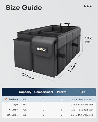 HOTOR Trunk Organizer - Car Organizer, Foldable Trunk organizer for SUVs & Sedans, Sturdy Car Organization for Car Accessories, Tools, Sundries, Black, 2 Compartments, 21.3"×12.6"×10.6" - color: Black, size: Medium (2 Compartments)