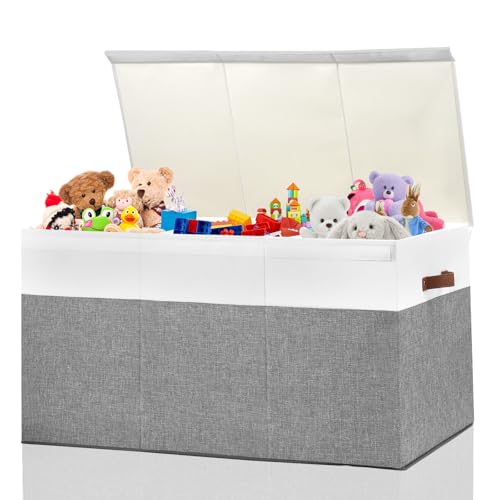 Gowee Extra Large Toy Storage Box with Lid, Sturdy Toys Storage Chest Bin Organizer Basket with Dividers for Kids, Boys, Girls, Nursery, Closet, Bedroom, Playroom 35.5"x17" x17"(Grey and White) - color: Grey and White, size: 35.5"x17" x17"