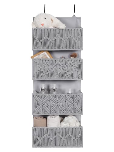 Macrame Over the Door Organizer Boho Decor Nursery Storage, Leaf Weaving Closet Storage, 4 Hanging Pockets, Behind Door for Bathroom, Bedroom,Grey - color: Grey