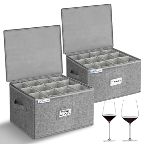 punemi Wine Glass Storage Box, Glassware Storage Containers w/Hard Shell Side Bottom Support & Padded Dividers, Stackable Stemware Storage Case for 24 China Crystal Glasses Drinkware, Moving Supplies - style: Wine Glass Storage 2pcs