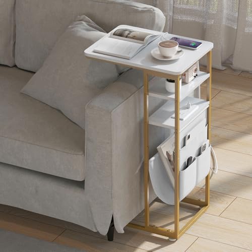 C Shaped End Table with Charging Station, 28"(H) 3-Tier C Table with Storage Bag, Under Couch Table C-Shaped End Table with Storage Shelves and Bag for Living Room, Bedroom, or Office - color: Gold, size: Wood--with Socket