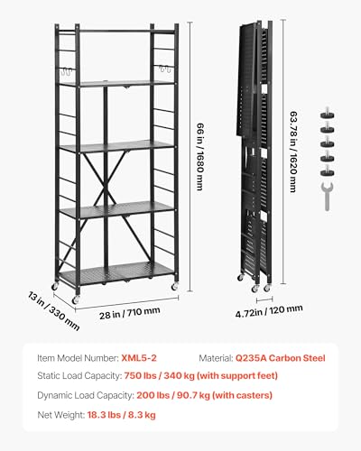 VEVOR 5-Tier Foldable Storage Shelf, 28W x 13D x 66H Inch Folding Metal Rack Shelving Unit, No Assembly Organizer Shelf with 5 Wheels & 4 Hooks for Pantry, Kitchen, Garage, Basement, Black - color: Black, size: 5-Tier