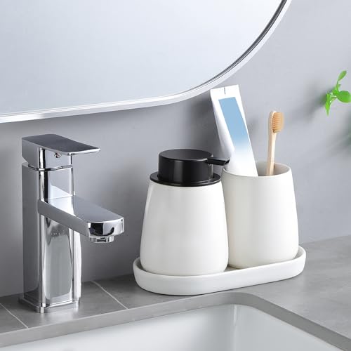 2 Pack White Round Soap Dispenser Tray - 8'' Ceramic Vanity Tray & Organizer Plate Set, Bathroom & Kitchen Countertop Decor for Soap Dispenser, Jewelry, Cosmetics, Sink - color: White - 2 Pack