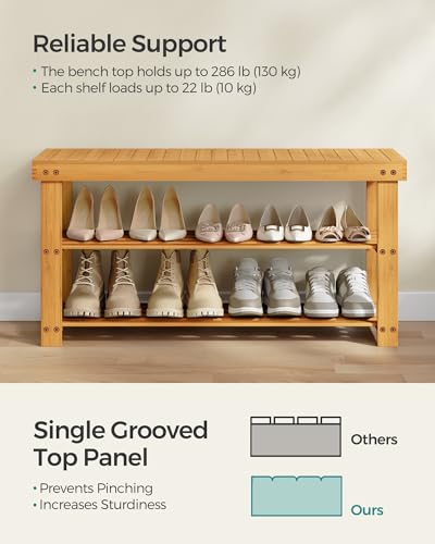 SONGMICS Shoe Rack Bench, 3-Tier Bamboo Shoe Storage Organizer, Entryway Bench, Holds Up to 286 lb, 11.3 x 35.4 x 17.8 Inches, for Entryway Bathroom Bedroom, Natural ULBS90N - color: Natural, size: 35.4"W