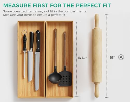 Long Bamboo Kitchen Drawer Organizer Boxes – 17" x 6" Stackable Wood Silverware Utensil Tray for Drawers Bins Cutlery & Flatware Storage – Wooden Pantry Organizers Set of 2 for Junk Drawer Bathroom Rv - size: 17" x 6" x 2"