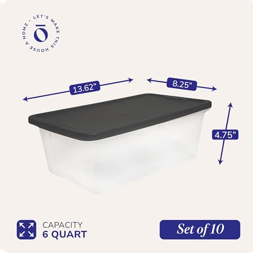 HOMZ 10-Pack Snaplock, Small Clear Plastic Storage Organizer Bins w/Lids, 6 Quart, Gray - Stackable Container Boxes for Bedroom, Bathroom, Garage, and Office Organization - color: Gray Lid, size: 6 QT (10 Pack)