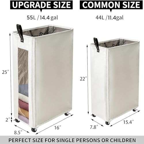 ZERO JET LAG 25 Inches Slim Laundry Storage Hamper - Large Rolling Clothes Hamper - Rolling Storage Bin - Tall Corner Basket - Clear Window Visible - Dirty Laundry Bin - (Beige) - color: Cream Beige