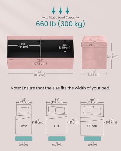 SONGMICS Mazie Collection - 43 Inches Storage Ottoman, Foldable Storage Bench with Flipping Lid, 660 lb Load Capacity, for Entryway, Living Room, Bedroom, Velvet Fabric, Jelly Pink ULSF078SA01 - color: Jelly Pink, size: 15"D x 43"W x 15"H
