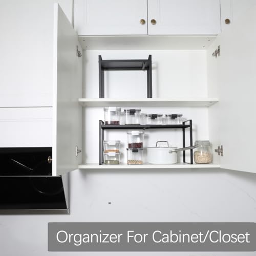 Expandable Cabinet Shelf Organizer Riser for Kitchen Pantry Cupboard Under Sink Countertop (black, 8.2’’D * 12.2-21.6’’W * 10.4’’H) - color: Black, size: 8.2''D * 12.2-21.6''W * 10.4''H