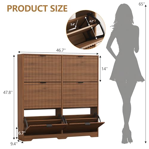 Shoe Cabinet Storage for Entryway with 6 Flip Drawers, Walnut Fluted Shoe Cabinet with Adjustable Shelves, Wooden Hidden Shoe Rack Freestanding Narrow Slim Shoes Storage for Hallway, Entrance - color: Walnut, size: 6 Drawer