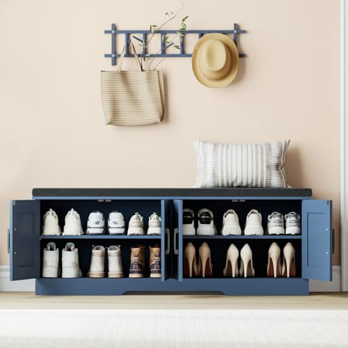 HOMSHO 2-Tier Storage Bench, 47.2" Wide Shoe Bench with Padded Seat Cushion, Entryway Bench with 4 Barn Doors and Adjustable Shelf, Blue - color: Blue, size: 47.2" Wide