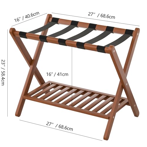 Luggage Racks Set Of 2 Suitcase Stand Foldable With Storage Shelf For Guest Room Hotel Essentials Solid Bamboo Heavy-Duty Item Holder Chestnut Brown
