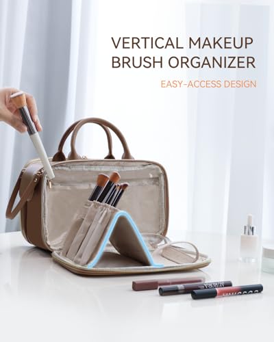 Prite Makeup Bag for Women, Large Capacity Waterproof Travel Cosmetic Organizer, Portable Open Flat Toiletry Bag with Free-standing Brush Holder and Handle(Brown Medium) - color: Brown, size: Medium