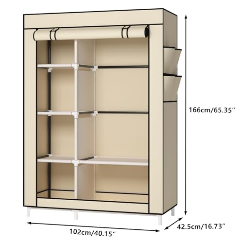 Calmootey Portable Closet Organizers, Clothing Storage, Wardrobe with 6 Shelves and Hanging Rod, Non-Woven Fabric Cover with 4 Side Pockets, Beige - color: Beige