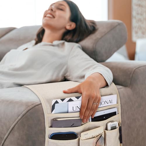 Teniux Remote Control Holder Armchair Caddy for Recliner Couch, Non-Slip Armrest Organizer with 5 Pockets for Magazine, Tablet, Phone, iPad (Beige) - color: Color F- Beige