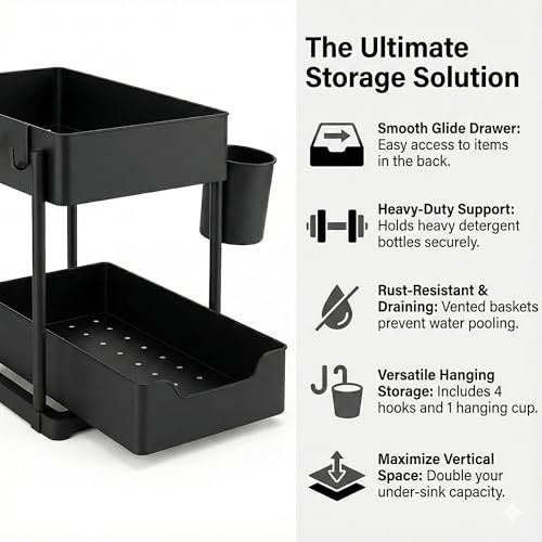 Under Sink Organizer – 2 Tier Sliding cabinet organizer with 4 Hooks & 1 Cup | Multi-Purpose Space Saving Shelf for under kitchen sink storage, Countertop, Bathroom, Pantry & Office Organization
