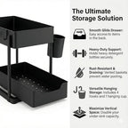 Under Sink Organizer – 2 Tier Sliding cabinet organizer with 4 Hooks & 1 Cup | Multi-Purpose Space Saving Shelf for under kitchen sink storage, Countertop, Bathroom, Pantry & Office Organization