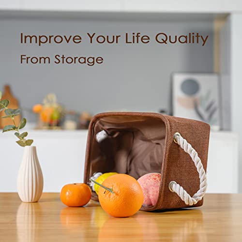 TheWarmHome Small Fabric Canvas Storage Bin with Cotton Rope Handles - Foldable Empty Basket for Gift (Brown-1 Pack,11.8L7.9W5.2H inch) - color: Brown, size: Small -11.8Lx7.9Wx5.2H