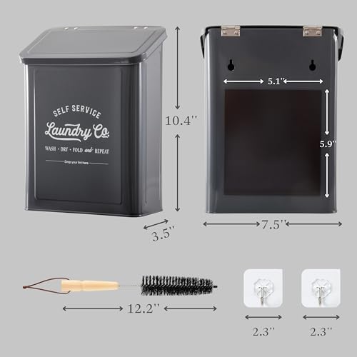 MONJITA Magnetic Lint Bin for Laundry Room, Wall Mounted Lint Trash can with lid for Dryer, Farmhouse Laundry Co Sign, Laundry Room Organization and Storage Decor with Dryer Lint Brush(Grey) - color: Grey