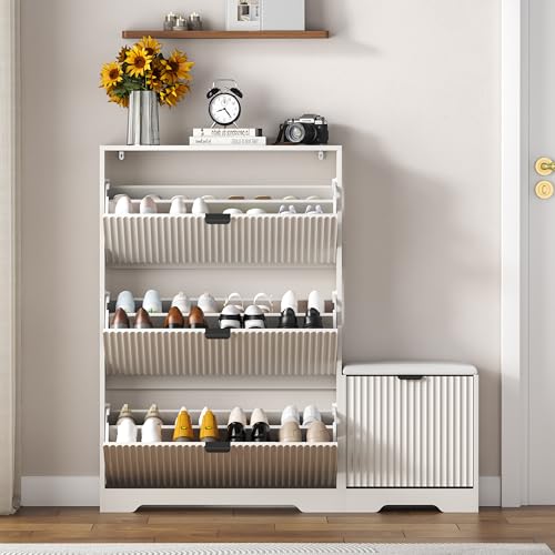 HUANLEGO Shoe Cabinet Storage for Entryway with 4 Flip Drawers, White Fluted Shoe Cabinet with Bench, Wooden Hidden Shoe Rack Freestanding Narrow Slim Shoes Storage Organizer for Hallway, Entrance - color: White, size: 4 Drawer with Bench