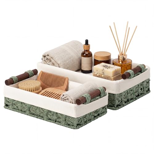 StorageWorks Small Baskets for Organizing with Handles and Liner, Wicker Toilet Paper Basket for Back of Toilet, Green Paper Rope Bathroom Basket Organizer and Storage for Sage Green Decor, 2 Pack - color: Green, size: 12"L x 7¾"W x 3¼"H + 10¼"L x 6"W x 2