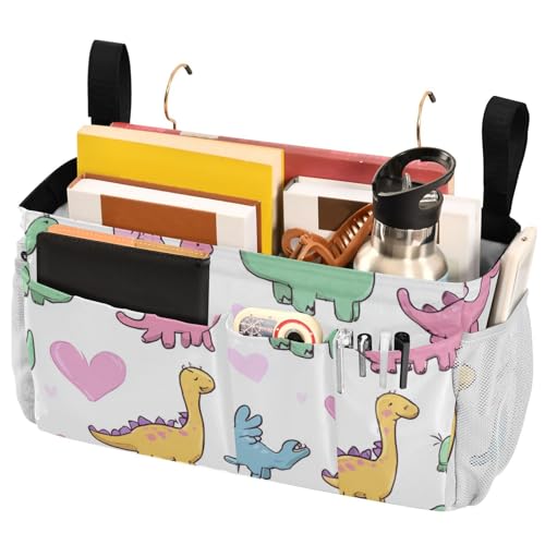 Bedside Caddy Metal Frame Hanging Organizer Bunk Bed Dorm Accessories Hook And Loop Storage Bag Large Pockets Cute Dinosaurs and Hearts - color: Cute Dinosaurs and Hearts